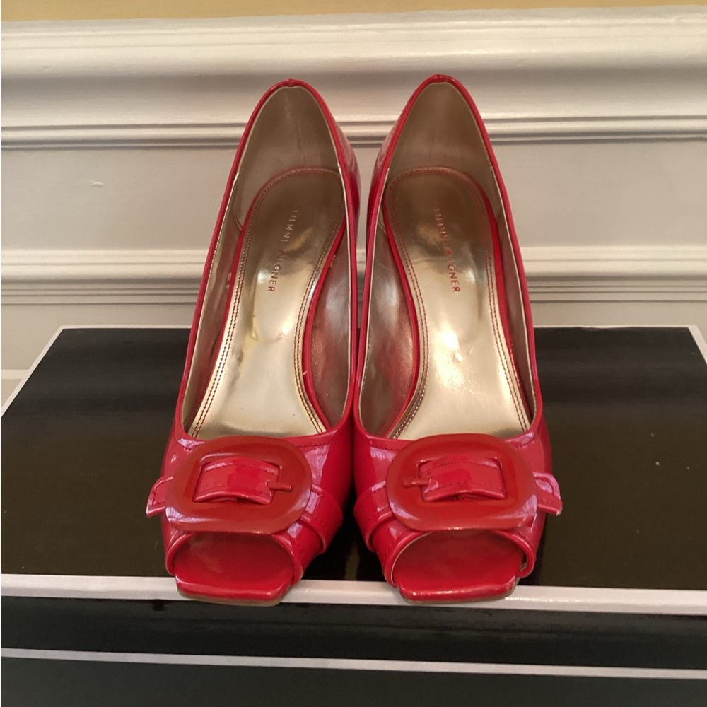 Peep toe Red Patent Leather heel.